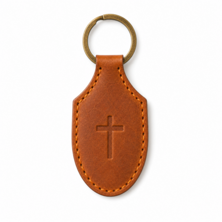 Iconic Cross Stitched Leather Keychain - Cognac Brown