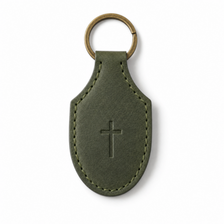 Iconic Cross Stitched Leather Keychain - Olive Green