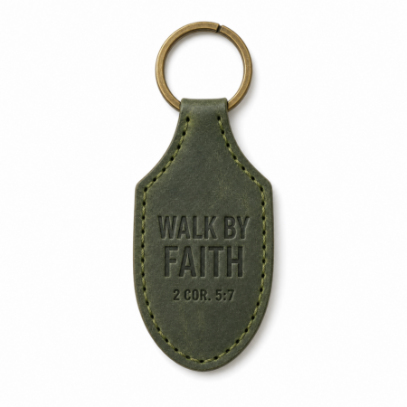 Walk by Faith Stitched Leather Keychain - Olive Green