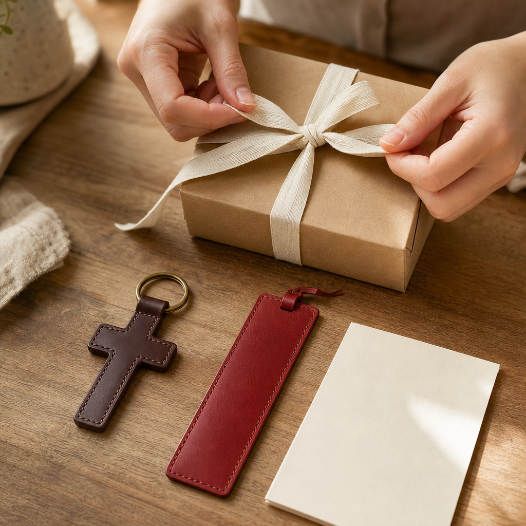 Full-grain leather Christian gift wrapped with care