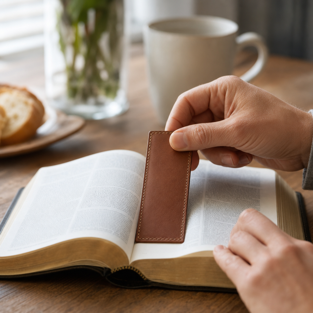 Hands placing a full-grain leather bookmark inside an open Bible