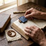 Blue leather bookmark with pen holder