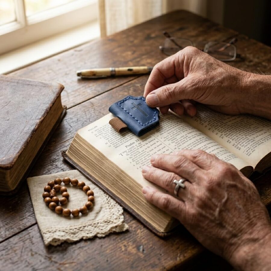 Blue leather bookmark with pen holder