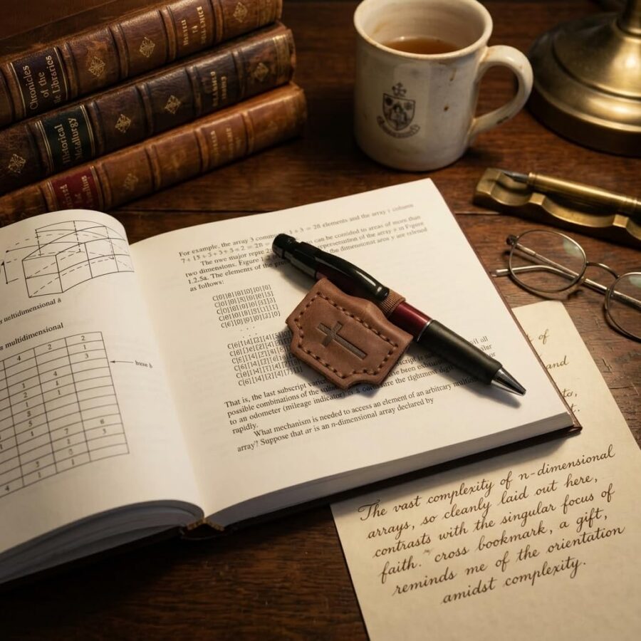 Brown leather bookmark with pen holder