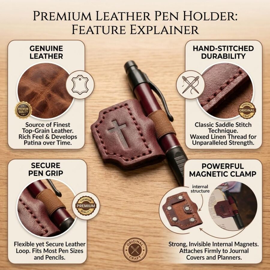 Leather bookmark being used in a Bible