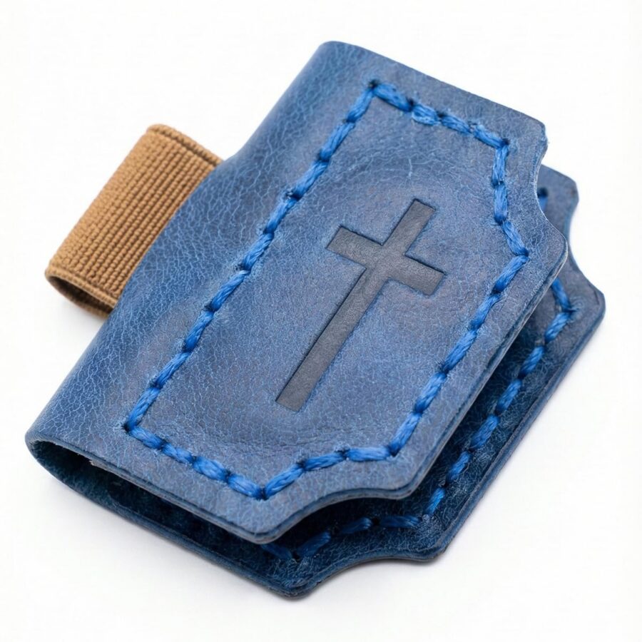 Genuine leather magnetic Bible bookmark in Blue with cross embossing and pen holder