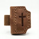 Genuine leather magnetic Bible bookmark in Brown with cross embossing and pen holder