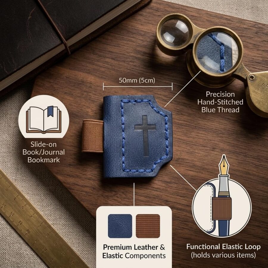 Blue leather bookmark magnetic closure detail