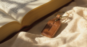 Baptism gift ideas: a debossed leather cross keepsake beside an open Bible on a soft neutral surface