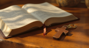 Bible verses about strength: an open Bible and a debossed leather cross keychain on a warm wood table