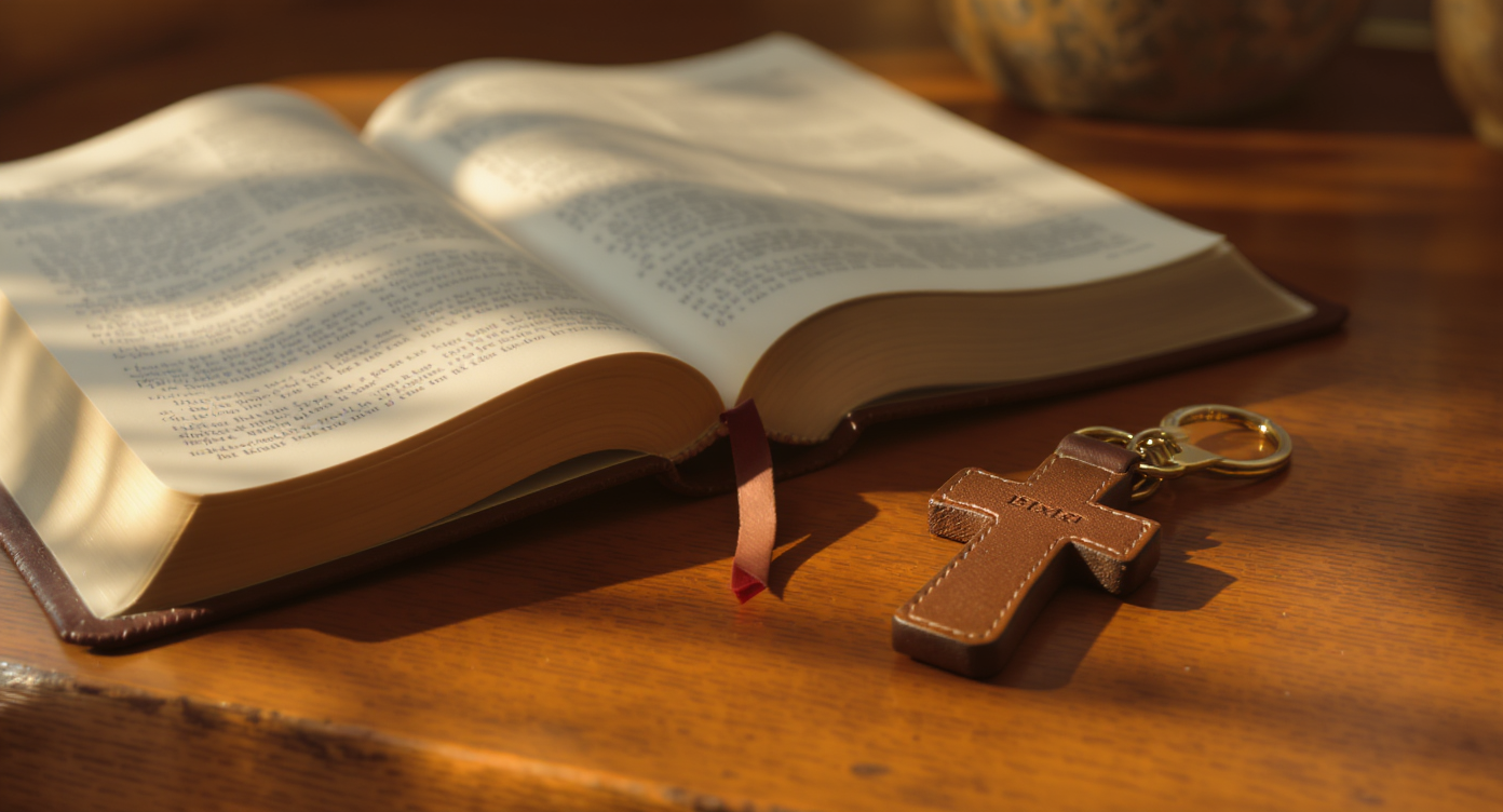 Bible Verses About Strength: 25 Verses for Hard Times 2 Bible verses about strength: an open Bible and a debossed leather cross keychain on a warm wood table