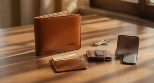Christian gifts for men: full-grain debossed leather wallet, keychain, card holder, and cross on a wood table
