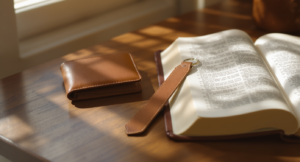 Christian gifts for women: full-grain leather wallet, bookmark, and cross keychain on a wood table