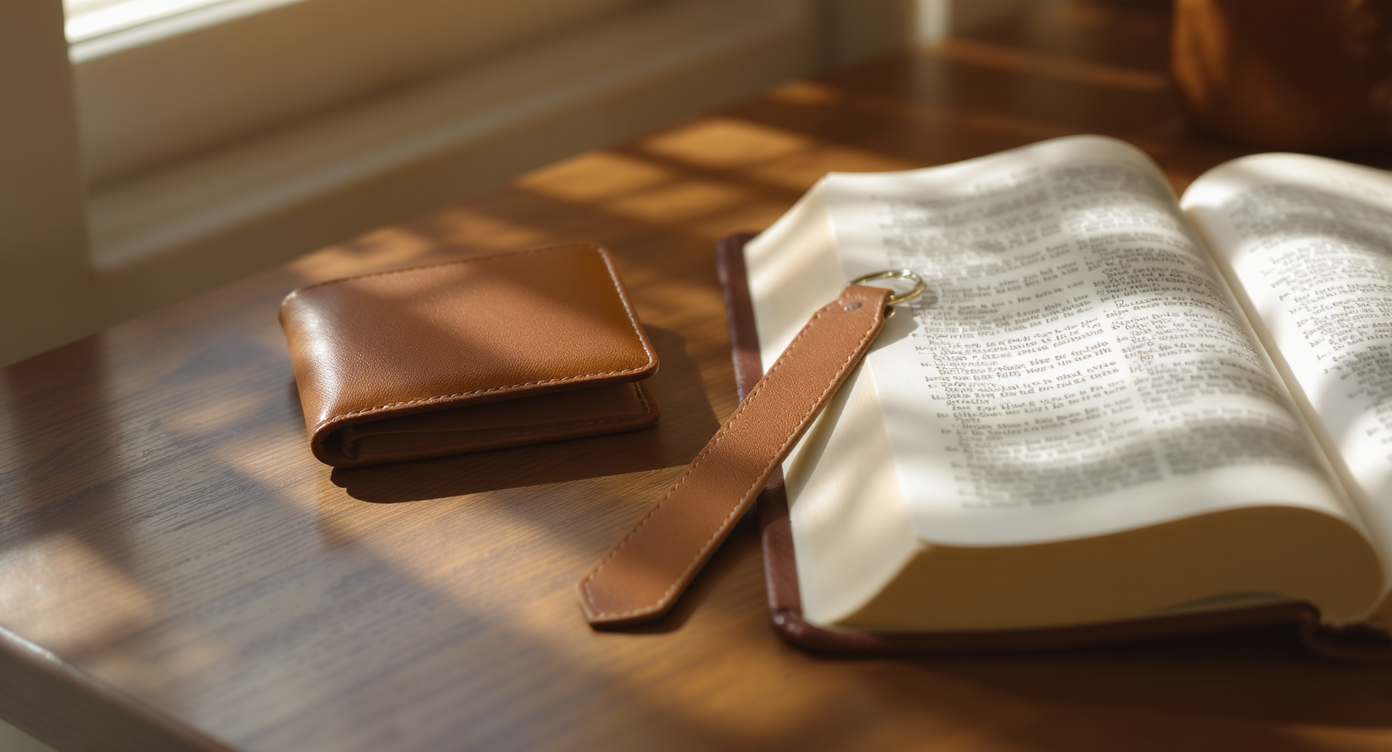 Christian Gifts for Women: 12 Meaningful Faith Ideas 2 Christian gifts for women: full-grain leather wallet, bookmark, and cross keychain on a wood table