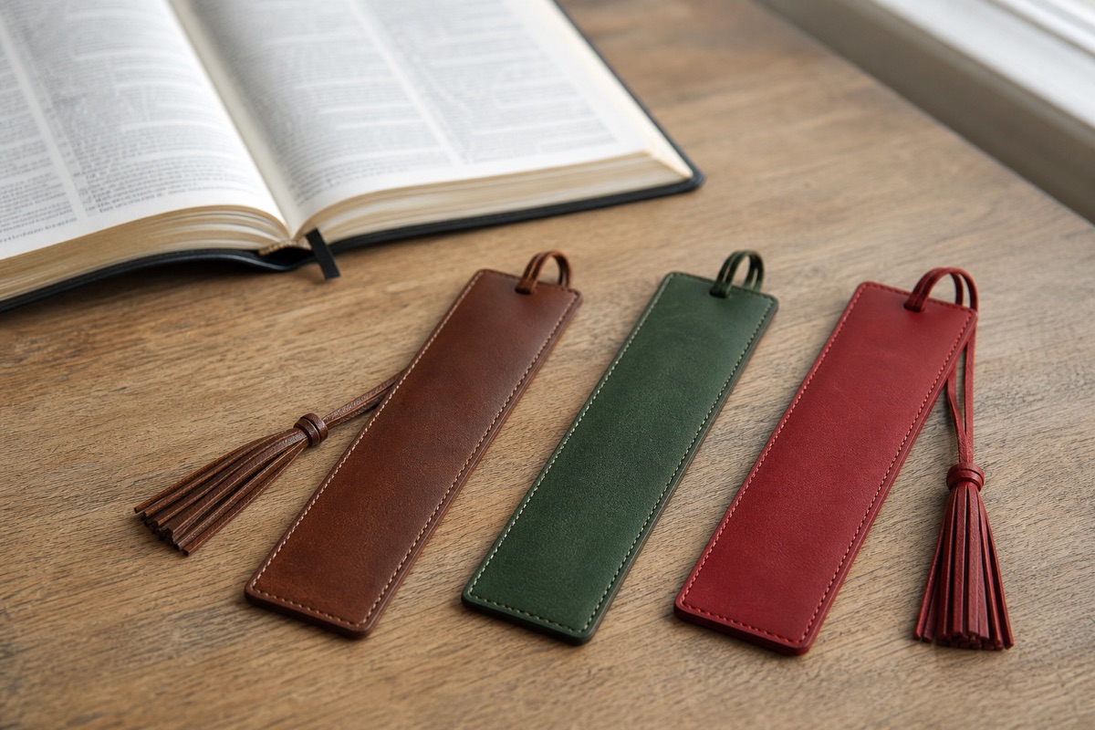 Full-grain leather Bible bookmarks beside an open Bible