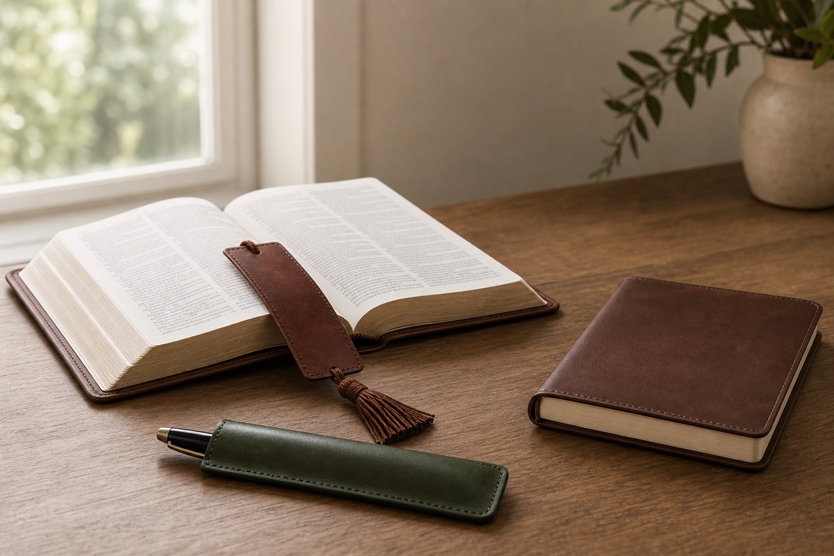 Full-grain leather Bible study gifts beside an open Bible