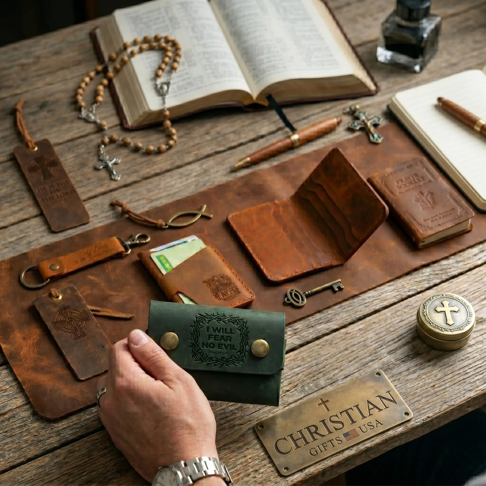 Christian Gifts Made to Be Carried, Not Stored Away 1 Full-grain leather Christian gifts — Bible bookmark, cross keychain, and card holder beside an open Bible in morning light