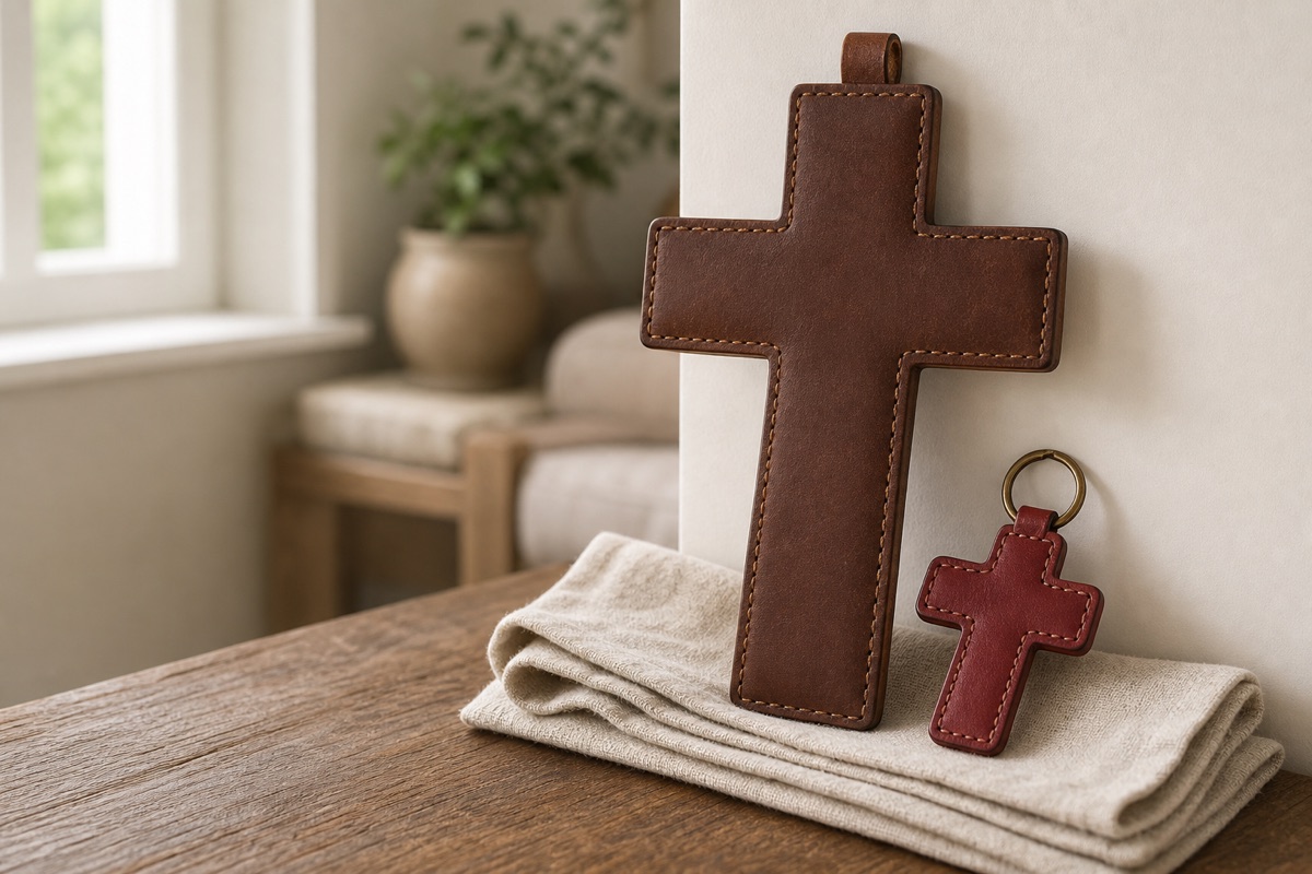 Full-grain leather cross gifts arranged for meaningful Christian gifting