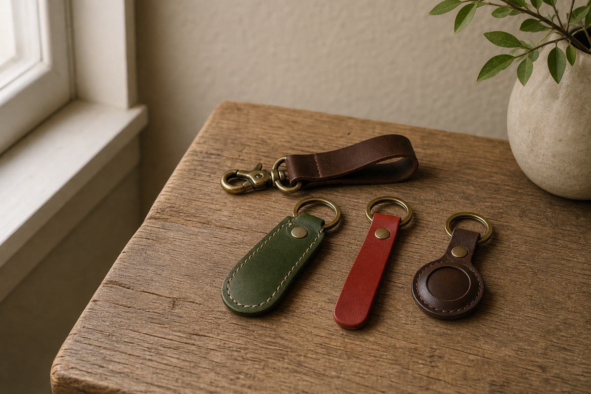 Full-grain leather keychains arranged for everyday carry