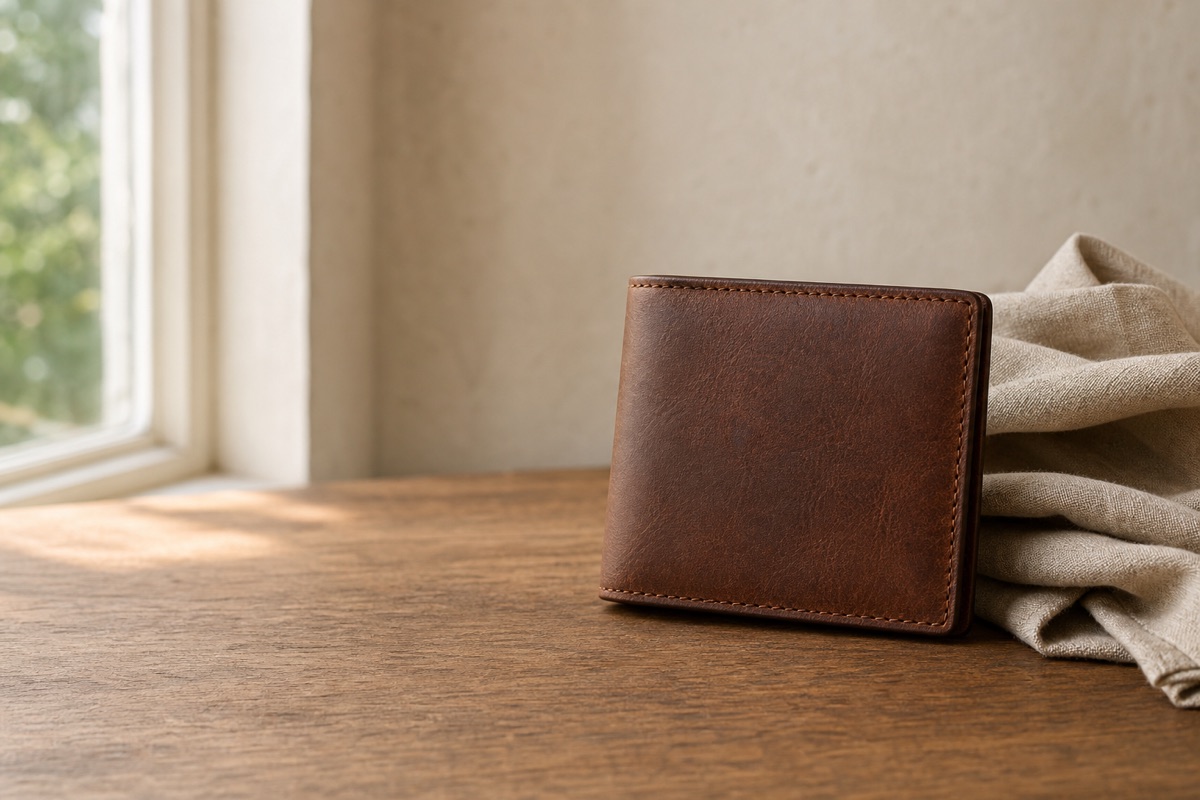 Minimalist full-grain leather wallet showing natural leather character