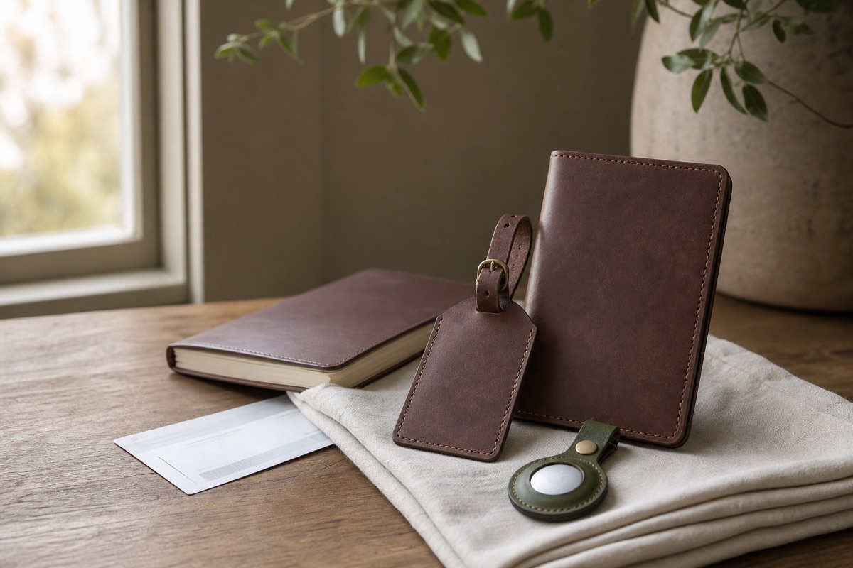 Leather Christian travel gifts with passport cover luggage tag and AirTag holder