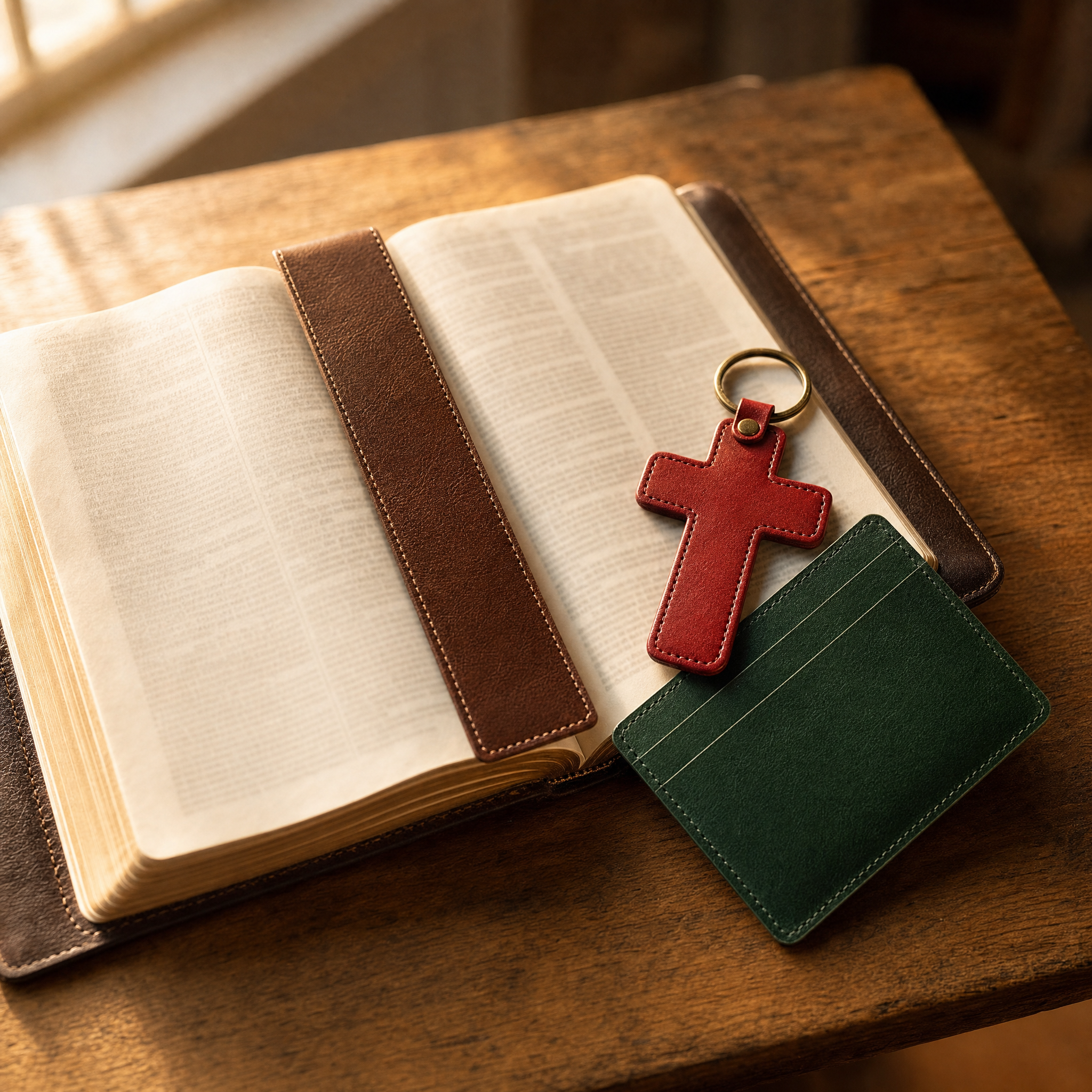 Full-grain leather Christian gifts arranged beside an open Bible in warm morning light