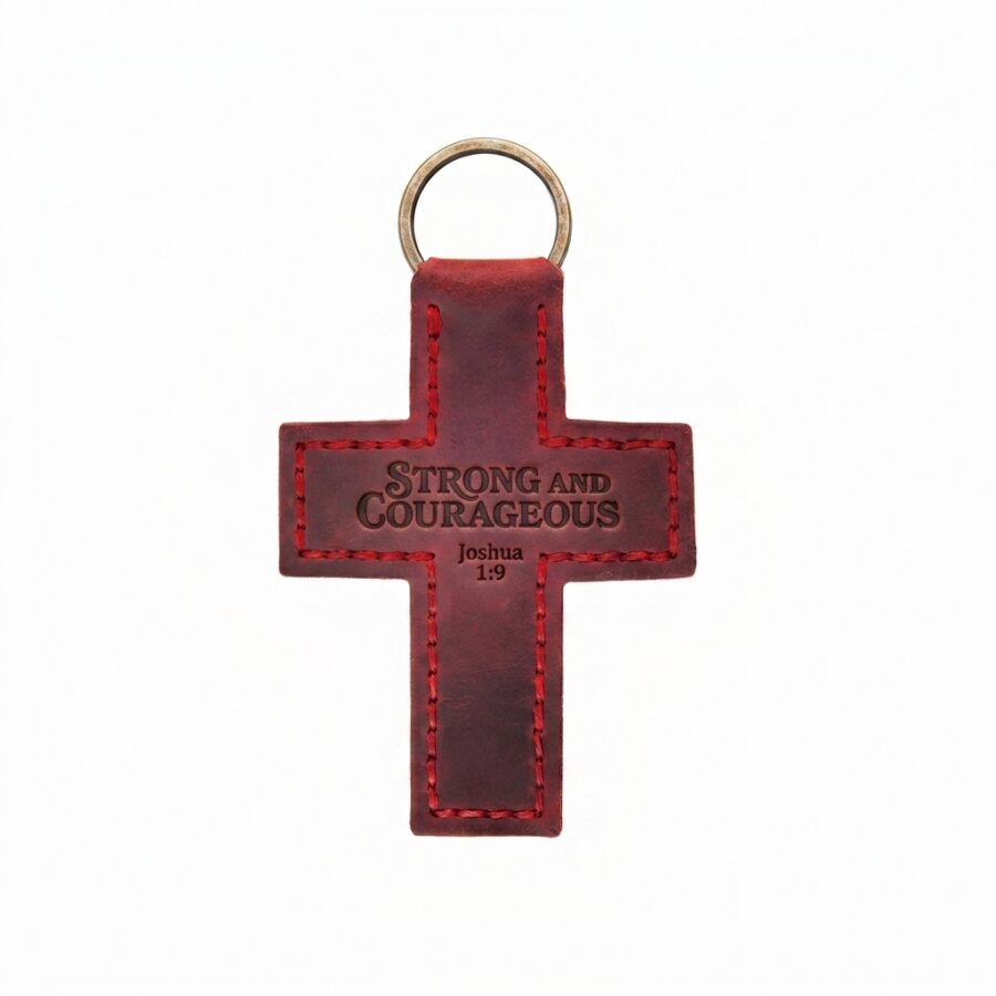 Full grain leather cross keychain pentecost red in genuine full-grain cowhide with a clean unprinted finish