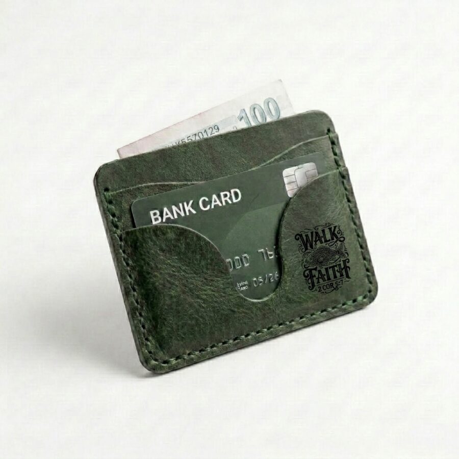 Full grain leather mini card holder eden green in genuine full-grain cowhide with a clean unprinted finish