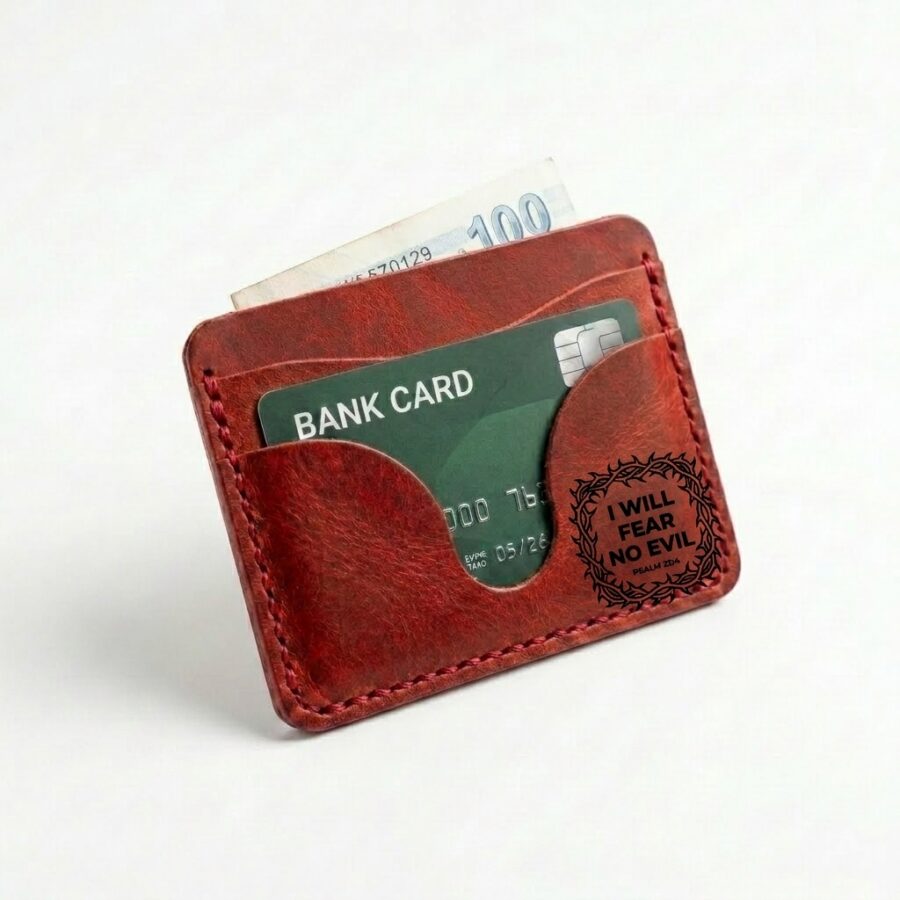 Full grain leather mini card holder pentecost red in genuine full-grain cowhide with a clean unprinted finish