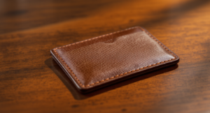 Full grain leather vs genuine leather comparison shown by the natural grain of a full-grain leather card holder on wood