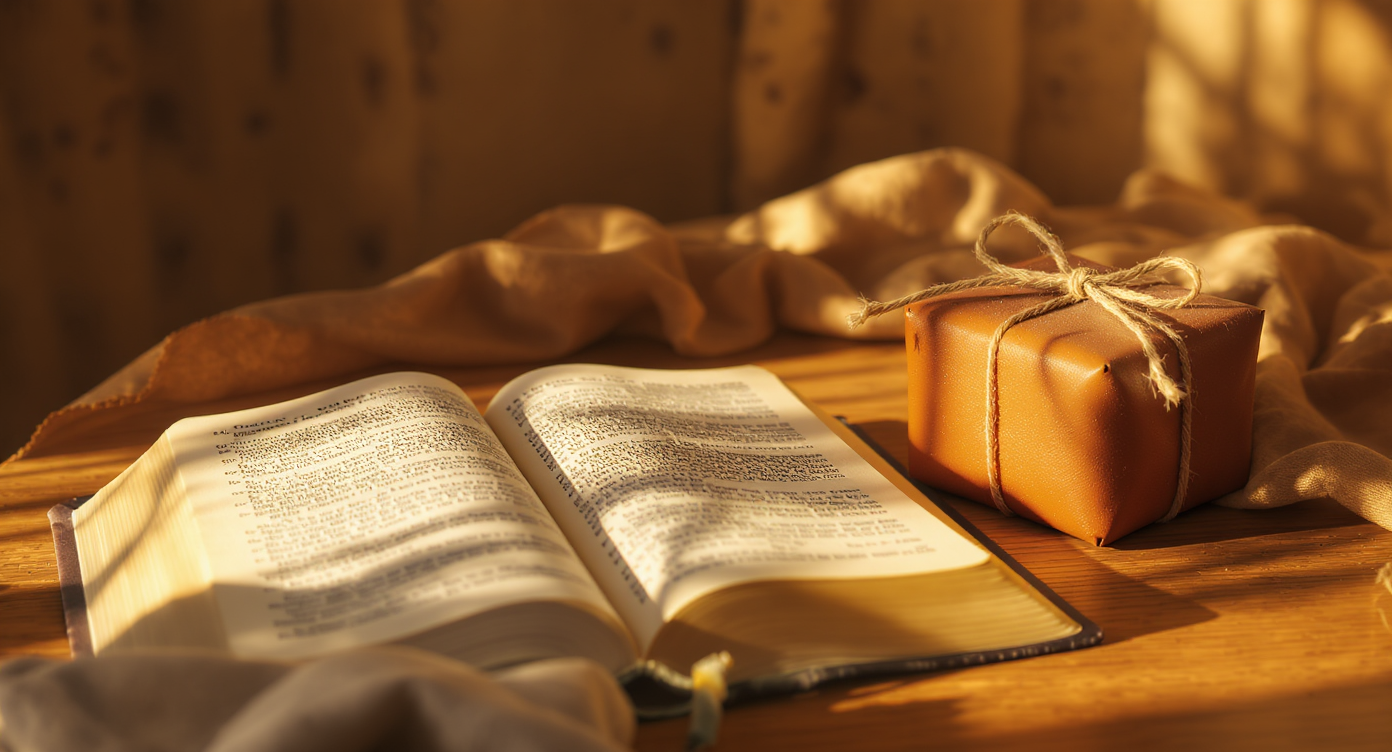 Open Bible beside a small wrapped leather gift on a wood table illustrating what does the bible say about giving