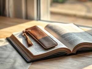 A debossed full-grain leather bookmark resting on an open Bible in soft morning light