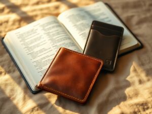 Two debossed full-grain leather pieces resting beside an open Bible in warm golden light