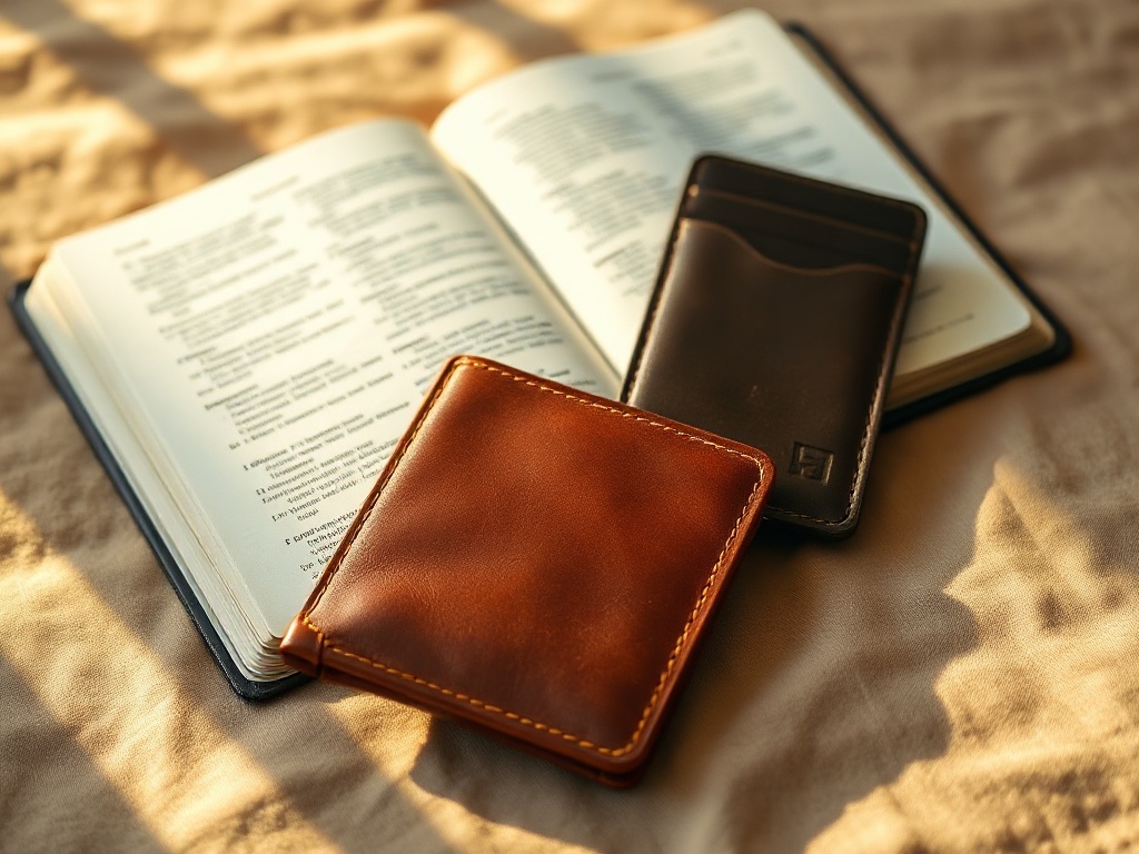 Two debossed full-grain leather pieces resting beside an open Bible in warm golden light