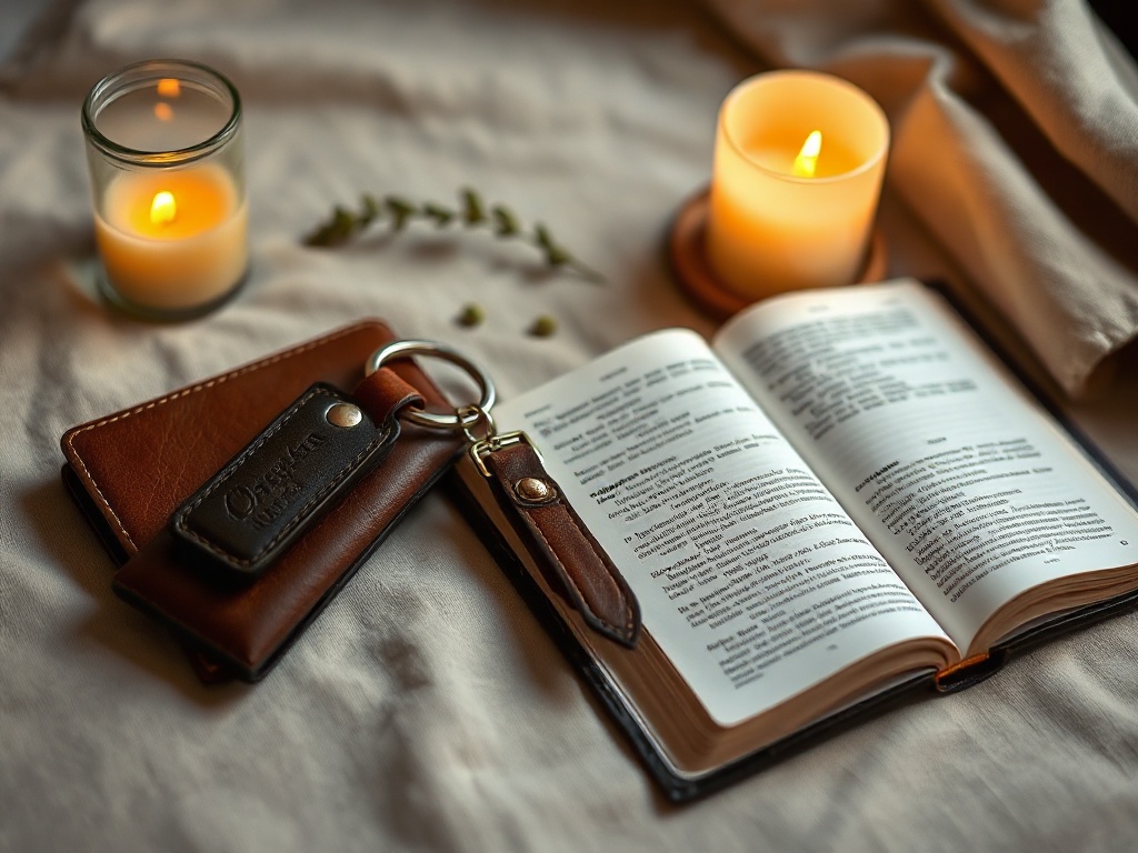 A debossed full-grain leather keychain beside an open Bible with a candle in quiet evening light