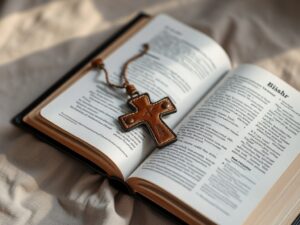 A debossed full-grain leather cross keepsake resting on an open Bible in soft muted light
