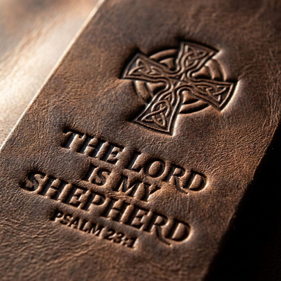 CGU-BKM-BROWN full-grain leather texture and debossed verse close-up