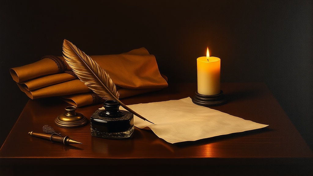 Contact us — a quill, letter and candle on a writing desk