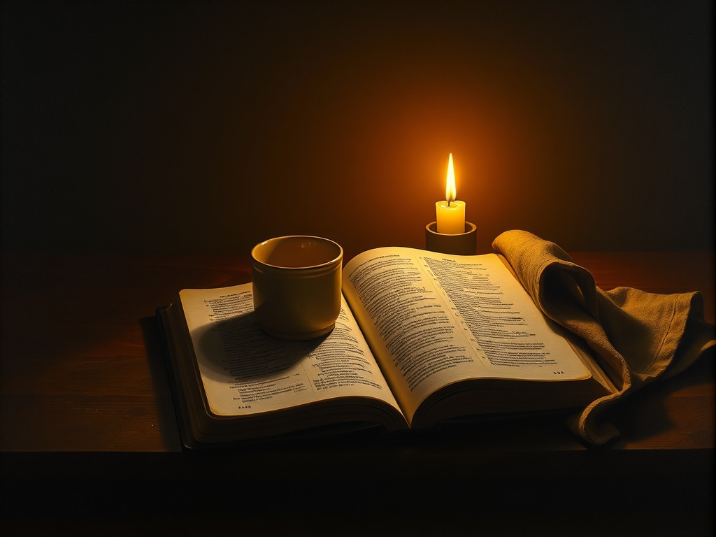 Daily Christian devotional — a candlelit desk with an open Bible and a cup