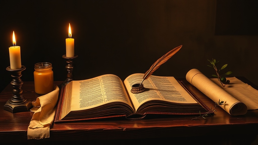 Free Bible and prayer tools — a candlelit still life with an open Bible, quill and candle