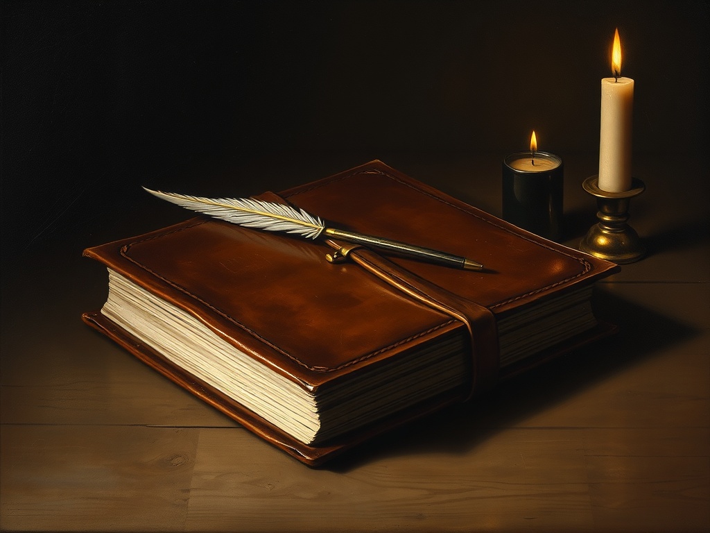 Private digital prayer journal — a closed leather journal with a quill by candlelight