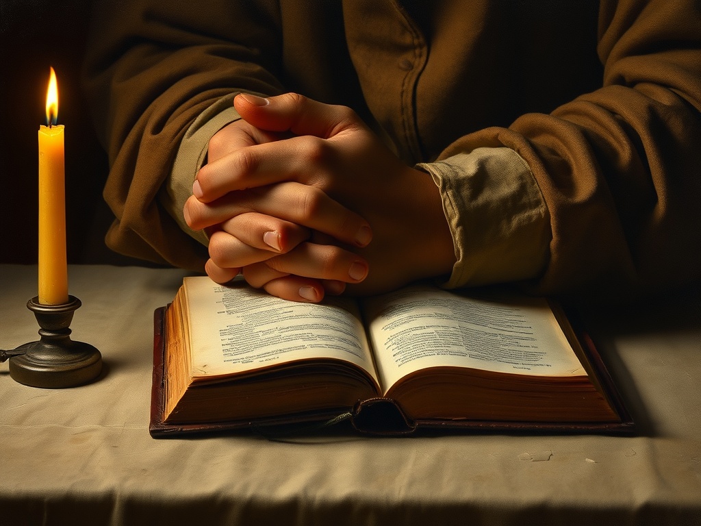 Daily prayers for Christians — hands folded over a prayer book by candlelight