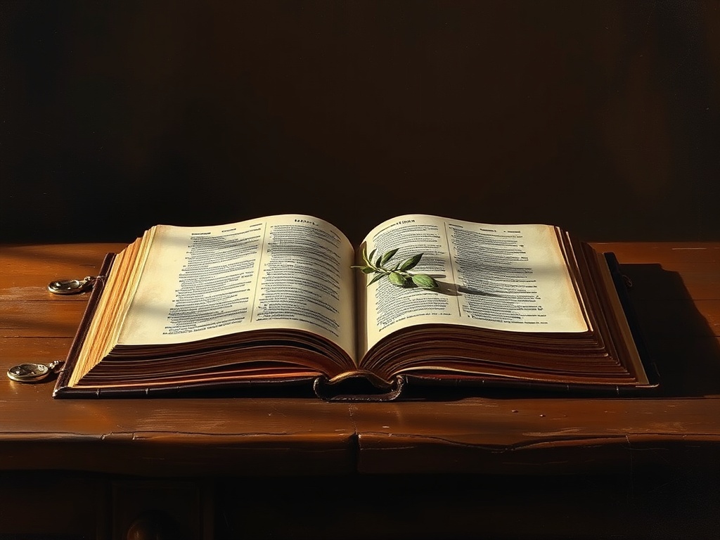 Daily Bible verse — an open leather Bible in morning light, Renaissance style