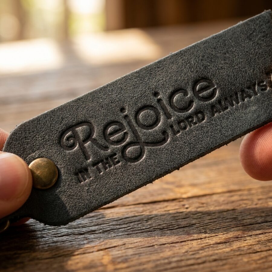 Rejoice in the Lord Always Leather Keychain – Eden Green — detail 2
