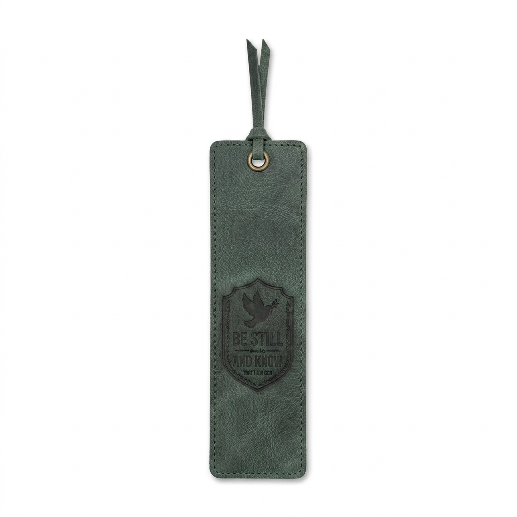 Eden Green full-grain leather Bible bookmark with Be Still and Know debossed into the leather