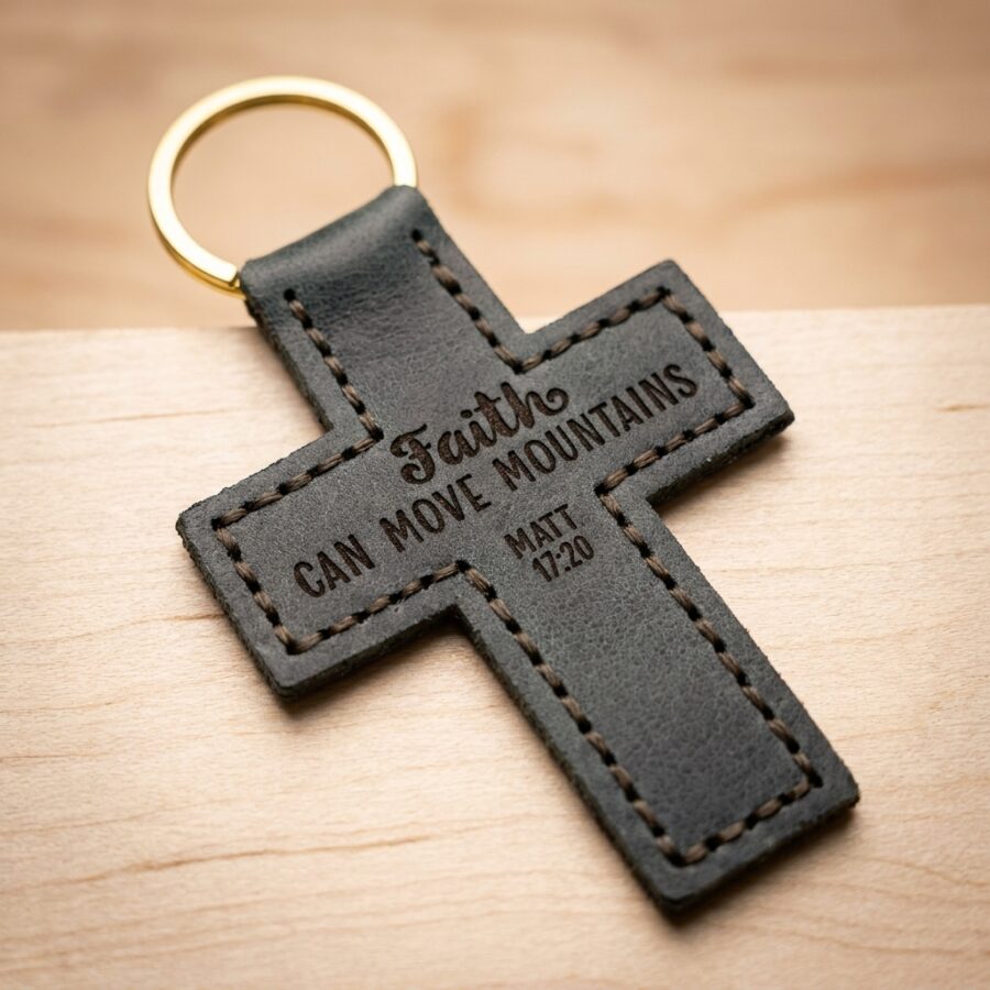 Faith Can Move Mountains Leather Cross Keychain – Eden Green — detail 1