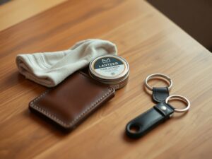 A leather conditioning cloth resting beside a full-grain leather wallet and keychain on a wooden table