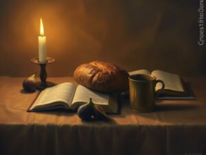 Bible verses about gratitude — an open Bible and a small harvest of bread and fruit by candlelight