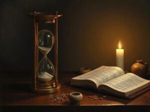 Bible verses about patience — an hourglass and an open Bible beside a slowly burning candle
