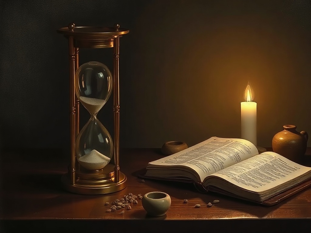 Bible verses about patience — an hourglass and an open Bible beside a slowly burning candle
